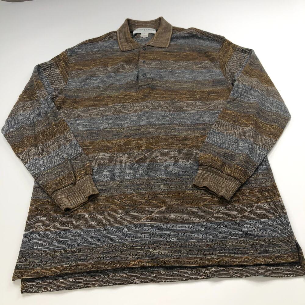 Jhane Barnes XL Wool Long Sleeve Polo Thin Sweater Button Polo Shirt Brown MINT